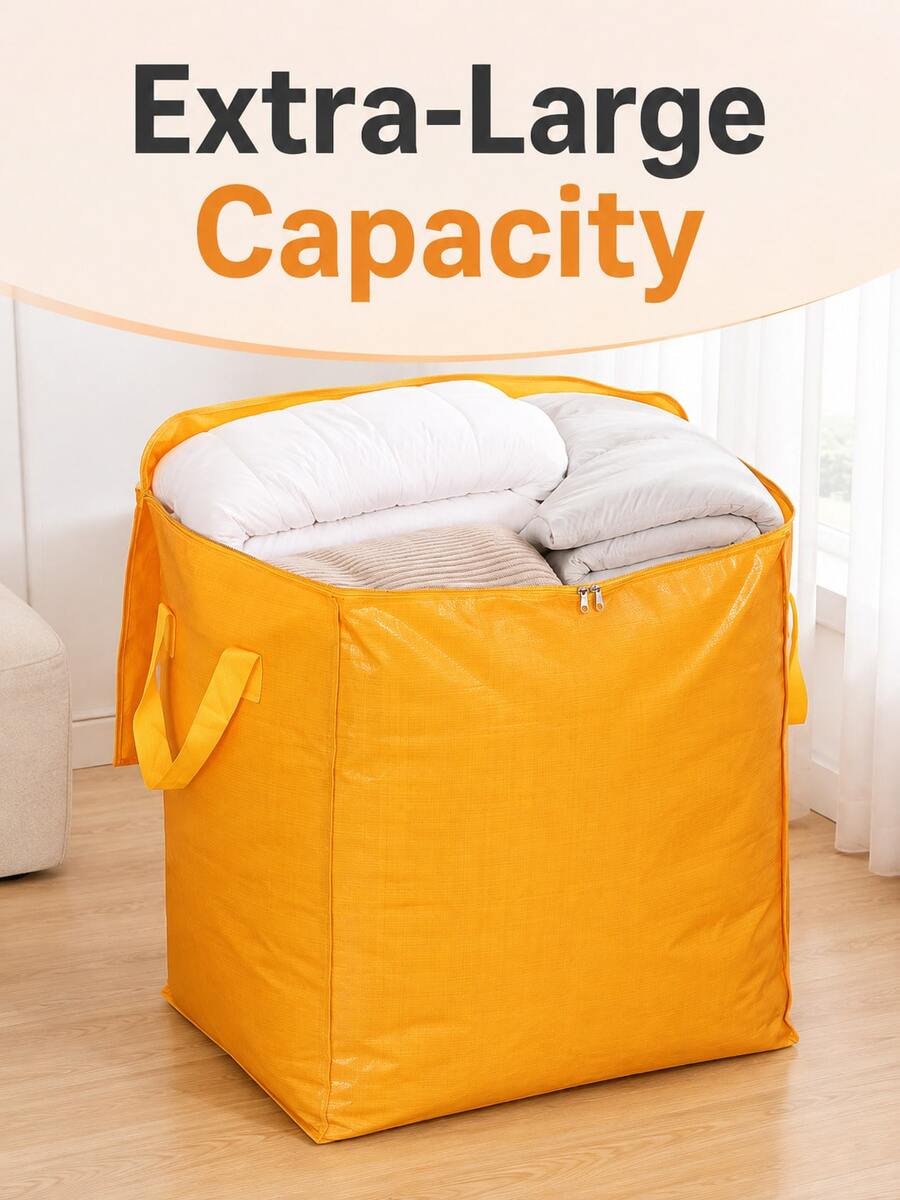 1Pc 400L Extra Large Foldable PP Woven Storage Bag, Orange Rectangular Clothes & Comforter Organizer With Handles, Reusable Moving Packing Bag For Bedding, Closet, Home, Dorm & Travel,Travel Essential,Room Décor - Orange - View 1