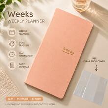 1pc Weekly Planner Notebook With Transparent Cover, Solid Color PU Leather Gold Foil Cover, Lightweight And Portable Weekly Layout, Suitable For Time Management, Daily Schedule, Goal Tracking - Weeks Book Cover - View 11
