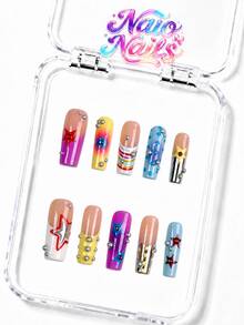 NAIO 10pcs/Set Y2K Handmade Press-On Nails, Nude Multi-Color Gradient Striped French Tips, Hand-Painted Stars Silver Beads Rhinestone Nail Art, Cute Vintage Y2K Harajuku Style, Suitable For Party And Daily Wear, 3 Sizes Coffin/Almond/Short Square Shape, Acrylic False Nails - Multicolor - View 12