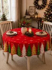 1pc Christmas Tablecloth, Red Christmas Tree & Snowflake Pattern, Holiday Decor Tablecloth, Suitable For Dining Table, Christmas Party, Home Kitchen Dinner Setting - Multicolor - View 3