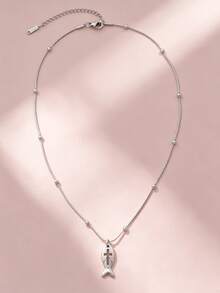 Minimalist Silver Ocean Style Pendant Stainless Steel Necklace, Small Fish Whale Palm Tree Round Bead Snake Chain, Personalized Women's Vacation Collarbone Chain Accessory - Silver - View 3