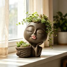 Unique Resin Human Face Planter, Cute Closed-Eye Face Design With Handle, UV-Resistant Outdoor Decor, Suitable For Garden, Yard, Balcony, Patio, Rustic Style, Creative Resin Planter, Perfect For Plant Lovers And Home Decor Enthusiasts, Great Gift - A - View 5