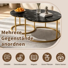 Set aus 2 industriellen Schachtelcouchen, Couchtisch-Set mit Tischplatten in Marmor-Optik, 70 cm modernes Beistelltisch-Set für Wohnzimmer - Schwarz - Übersicht 4