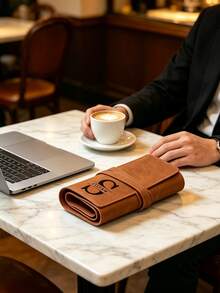 Personalized Leather Roll-Up Cable Organizer, Custom Engraved Letters, Vintage Leather Multi-Compartment Anti-Tangle Cable Storage Bag, Portable Charger Earphone USB Cable Organizer, Suitable For Men, Boyfriend, Father, Colleague, Traveler Christmas Gift - Multicolor - View 6