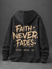 Men's Fashion Sports Faux Washed Distressed Vintage Letter Graphic Print Hoodie Sweatshirt - Black - View 1
