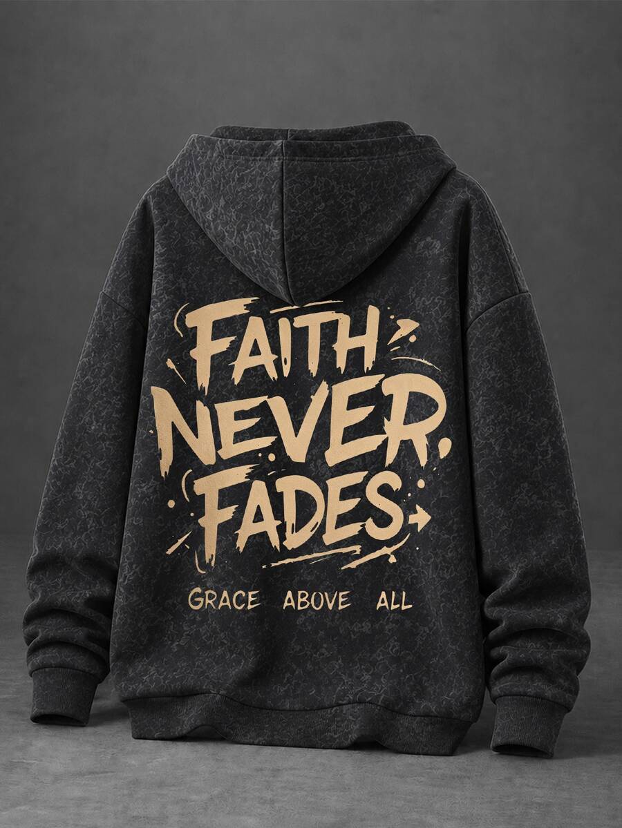 Men's Fashion Sports Faux Washed Distressed Vintage Letter Graphic Print Hoodie Sweatshirt - Black - View 1