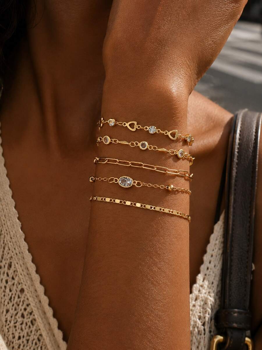 5pcs/Set Luxury Style Sparkling Oval Rhinestone Women's Chain Bracelet, Fashionable Versatile Design Hollow Heart Handmade Chain Jewelry, Suitable For Daily Wear, Dating And Shopping - Gold - View 1