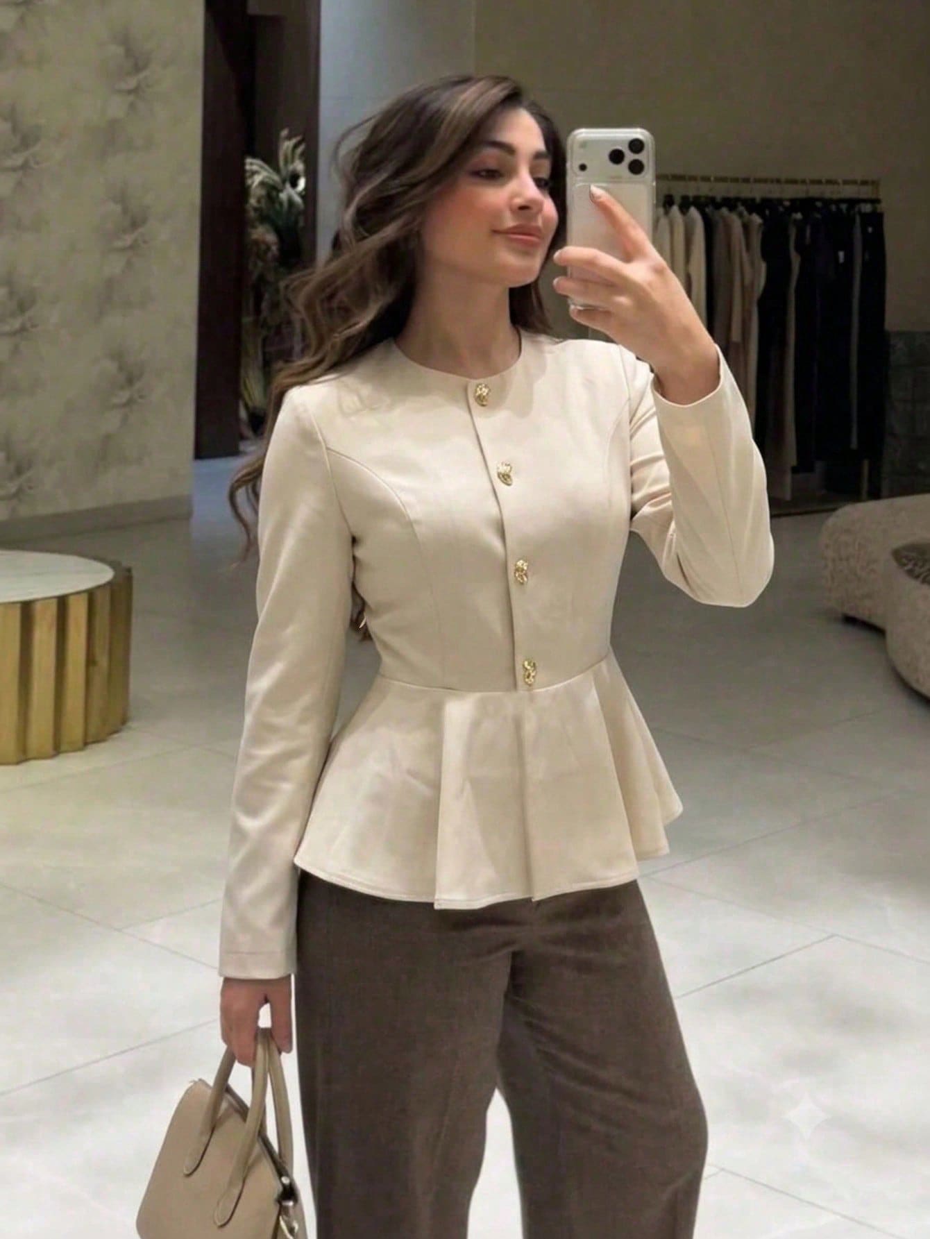 Solid Color Round Neck Ruffle Trim Long Sleeve Gold Button Side Zipper Half-Open Front Jacket - Apricot - View 1