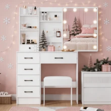 Dressing Table With LED Mirror & 6 Drawers Bederoom Makeup Desk For Girls - White - View 4