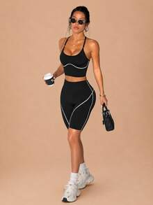 2pcs Women's Seamless Contrast Color Adjustable Strap Backless Ribbed Line Running Fitness Workout Yoga Base Layer Outerwear Sports Tank Top & Seamless Shorts Sports Set - Black and White - View 2