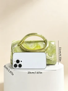 1件綠色大理石紋亮面晚宴手拿包，大圓形金色金屬手柄翻蓋包，可拆卸鍊條斜跨包，適合派對婚禮禮服女性 - 綠色 - 查看 3