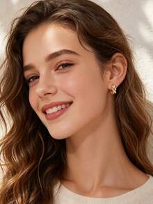 Artepollo Sparkling Clover Zirconia Huggie Hoop Earrings 925 Sterling Silver 14K Gold Plated Hypoallergenic Jewelry, Gift Box For Dating, Wedding & Gifting - Gold - View 2