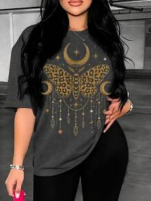 Women's Leopard Moth & Moon Graphic Casual T-Shirt, Short Sleeve Round Neck Polyester Tee for Fall Wear - Gris oscuro 3 - Ver 2