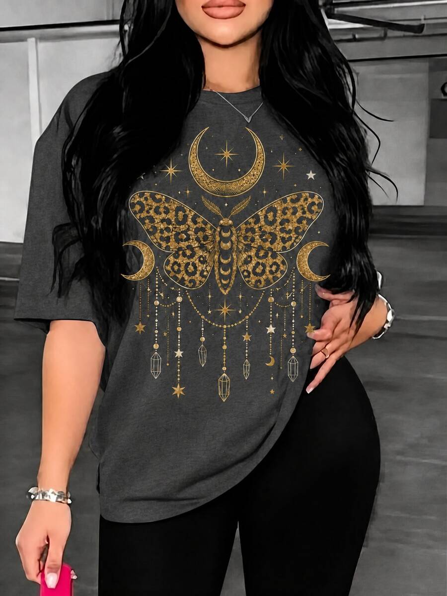 Women's Leopard Moth & Moon Graphic Casual T-Shirt, Short Sleeve Round Neck Polyester Tee for Fall Wear