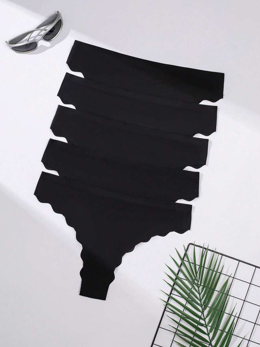 5pcs Plus Size Women's Wavy Edge Thongs, Aesthetic Style, Soft & Skin-Friendly, Solid Color, Versatile For Daily Wear - Apricot - View 1