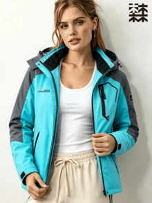 mulinsen 女款拼色抓絨內裡連帽防風外套，適合冬季徒步與露營 - 青藍色 - 查看 8