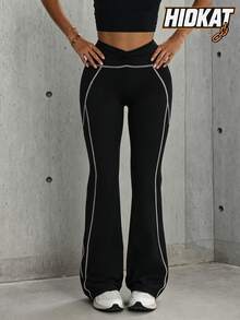 Hidkat Women's Fashion Solid Color Ruched High Waist Yoga Casual Slim Fit Sports Knit Flare Pants - Black - View 1