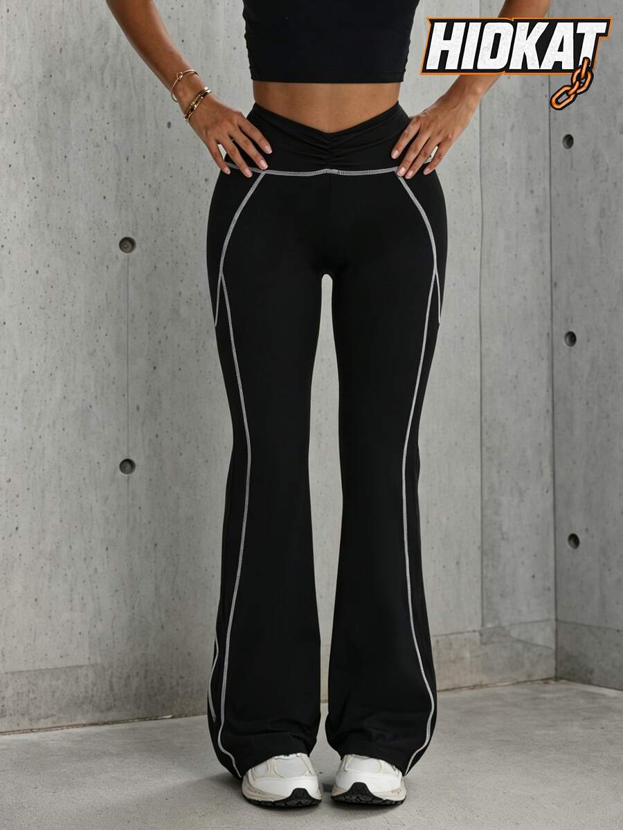 Hidkat Women's Fashion Solid Color Ruched High Waist Yoga Casual Slim Fit Sports Knit Flare Pants - Black - View 1