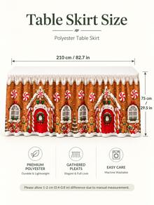 Christmas Gingerbread House Table Skirt, Gingerbread Man Candy Cane Peppermint Print Polyester Table Cover, Festive Holiday Party Decor For Dessert Table, Buffet, Dining Room, Kitchen And Xmas Home Decoration - E - View 4