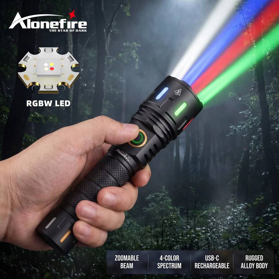 RGB LED Flashlight Zoomable Multi Color Torch, USB Rechargeable Red Green Blue Light, Alonefire Portable Flash Light For Outdoor Camping, Hunting, Fishing, Hiking, Selfie & Photography Fill Light
