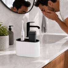 1pc Ribbed Toothbrush Holder, 2-Compartment Bathroom Countertop Storage Box, Suitable For Toothbrush And Toothpaste - Multicolor - View 8