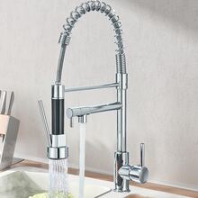 MB Llave de cocina, monomando de aleación de cromo pulido, boca de salida de arco alto, doble salida de agua, cuello flexible con resorte giratorio de 360°, manguera extensible con retracción automática y manguera de agua trenzada con marcas en rojo y azul - Galvanizado - Ver 1