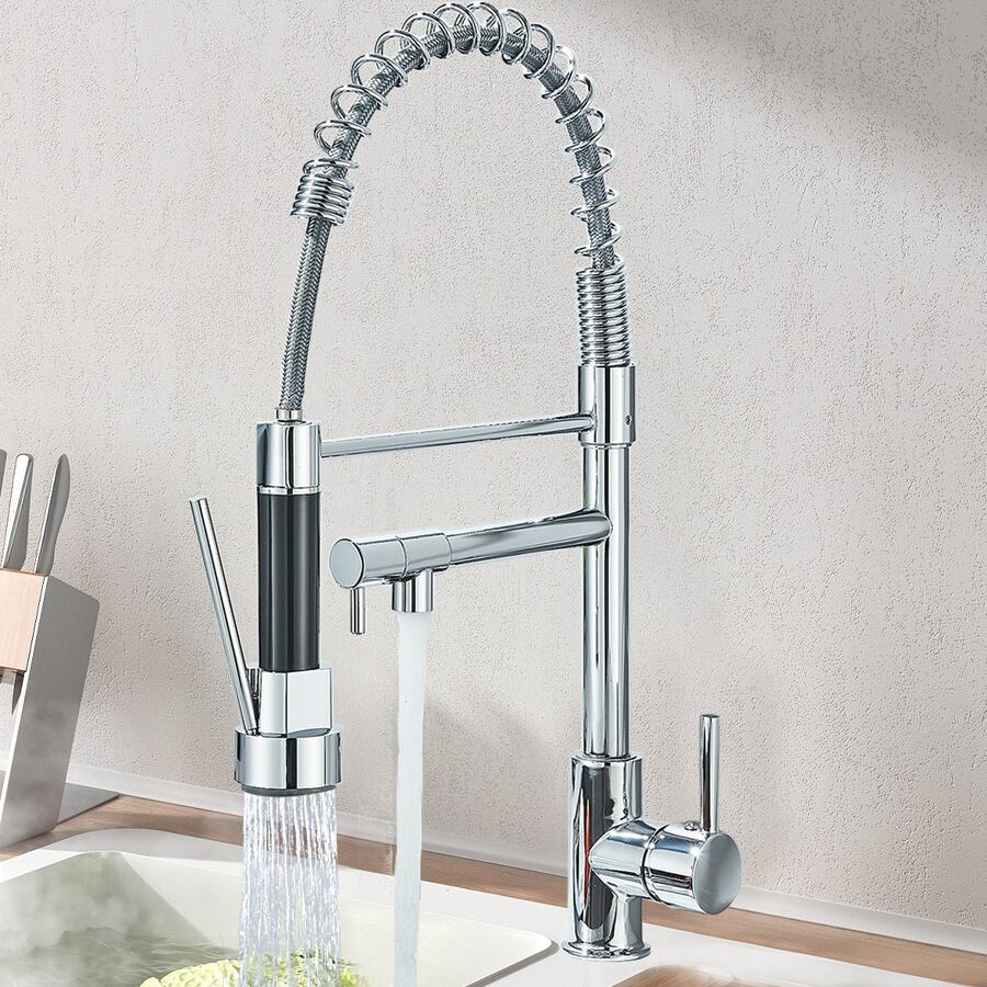 MB Llave de cocina, monomando de aleación de cromo pulido, boca de salida de arco alto, doble salida de agua, cuello flexible con resorte giratorio de 360°, manguera extensible con retracción automática y manguera de agua trenzada con marcas en rojo y azul - Galvanizado - Ver 1