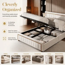 5FT Double Bed, Ottoman Bed With Hydraulic Storage & Headboard - Beige King - View 3