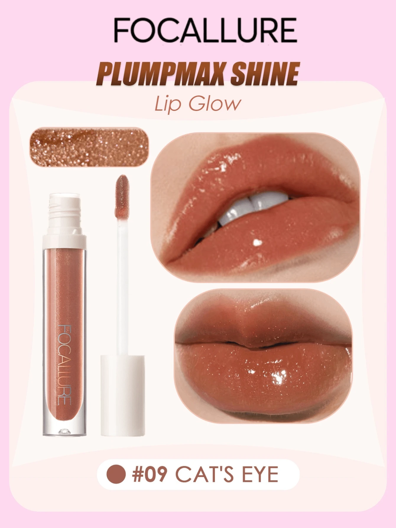 FOCALLURE Plumpmax High Gloss Lip Glaze, Efek Mengisi Bibir Seketika dan Kilau Seperti Kaca, Tekstur Ringan, Segar, dan Tidak Lengket, Serbaguna, Melembapkan dan Mengunci Kilau Sepanjang Hari - 09 MATA KUCING - View 1