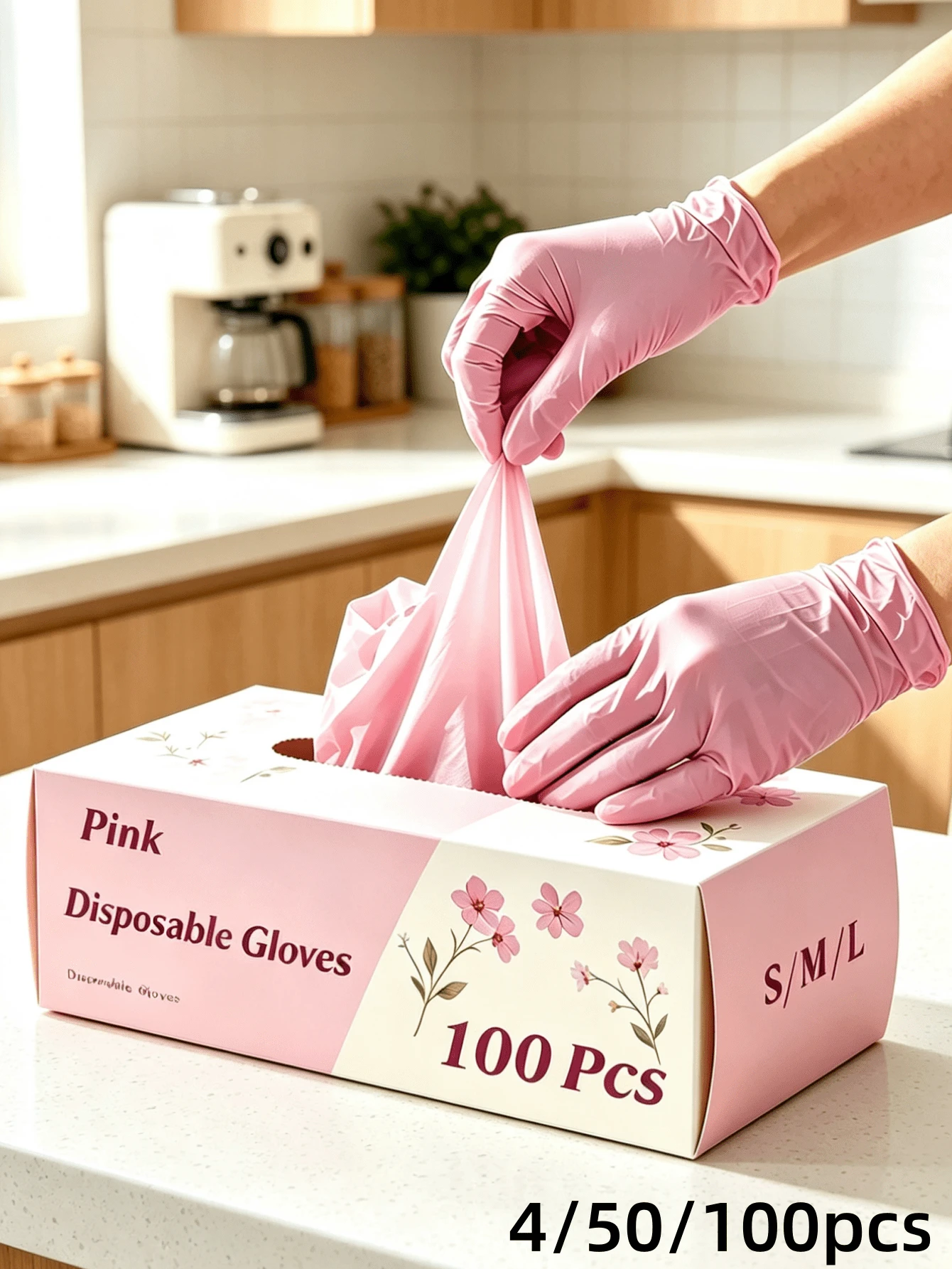 4/50/100pcs Pink Disposable Nitrile Gloves, Latex-Free Powder-Free Waterproof Anti-Static Protective Gloves, Suitable For Kitchen Cleaning, Hair Dyeing, Beauty Salon, Pet Care And Home Multi-Purpose (Bagged) - Baby Pink - View 1