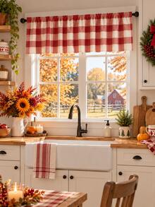 1pc-Red And White Buffalo Check Valance Curtain, Farmhouse Plaid Rod Pocket Window Topper, Rustic Country Kitchen Window Treatment, Fall Thanksgiving & Christmas Home Decor, Short Checkered Curtain Valance For Cafe Dining Room - Black and White - View 6