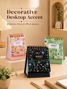 2027 Floral Paper Desktop Calendar, Spiral Bound Vertical Desk Calendar With Decorative Cover, Compact Date Planner, Suitable For Home Office, Desk, Bedside Table, Bookshelf Decoration, Christmas Daily Organization - One Size - View 3
