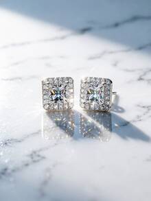 S925 Sterling Silver Moissanite Stud Earrings 0.8ct Square Halo Princess Cut White Gold Tone Luxury Commute Versatile Elegant Daily Wear Hypoallergenic Electroplated Minimalist Shiny Fire Sparkle Commute Date Party Gift Self-Use Exquisite Accessory Earring - Silver - View 5