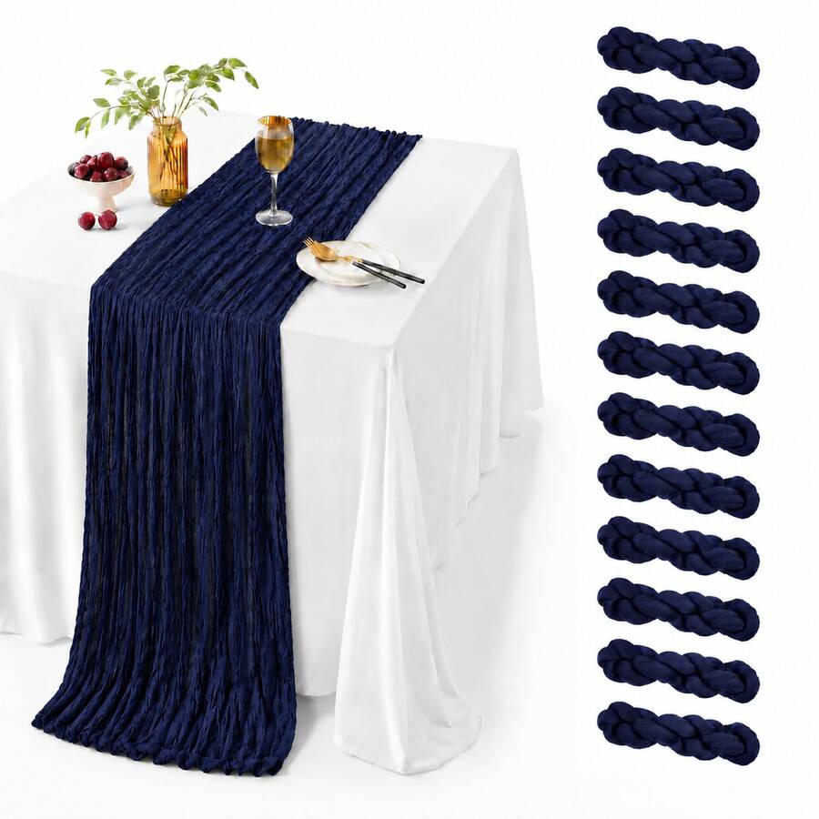 12pcs Navy Blue Cheesecloth Table Runner, Gauze Table Runner, Bohemian Style Semi-Transparent Cheesecloth Table Decor, Suitable For Wedding, Party, Bridal Shower, Baby Shower, Birthday, Engagement, Anniversary, Holiday, Dinner, Farmhouse Home Decor - Navy Blue - View 1