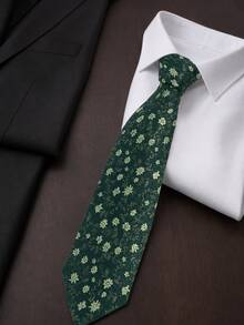 1pc Green Floral Polyester Woven Men's Tie, Classic Wedding Holiday Accessory, Casual Matching Holiday Gift Tie - Green - View 2