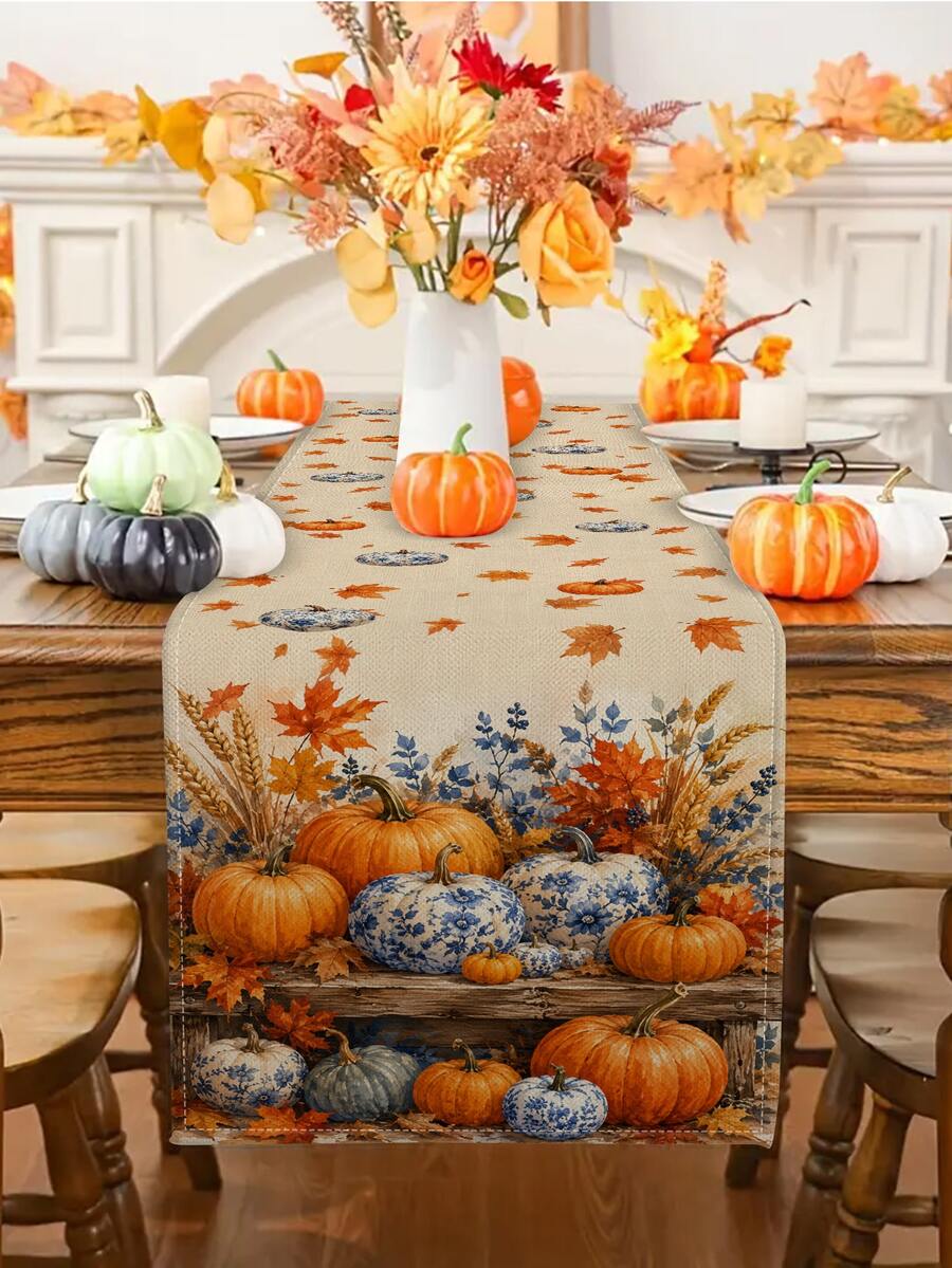 Autumn Thanksgiving Blue & White Printed Pumpkin Table Runner, Pillowcase, Placemat, Rustic Farmhouse Vintage Dining Table Decor, Orange Pumpkin & Maple Leaf Long Tablecloth, Suitable For Holiday Party Home Kitchen Home Decor - Multicolor - View 1