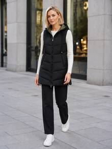 Women's Black Hooded Quilted Padded Vest Sleeveless Zip Front Winter Vest With Pockets - Black - View 4