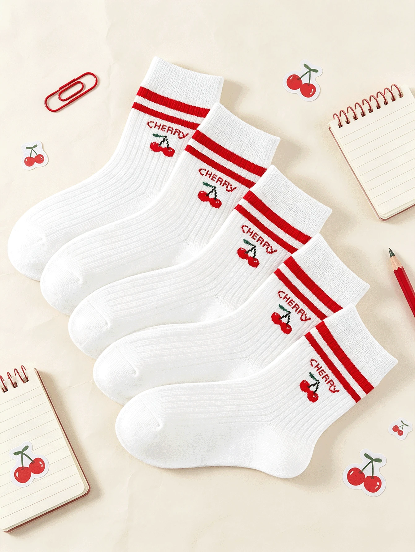 1/5 Pairs Children's Socks, All Season, Sweet Cherry Pattern Mid-Calf Socks, White With Red Stripes, Suitable For School And Daily Wear - Multicolor - View 1