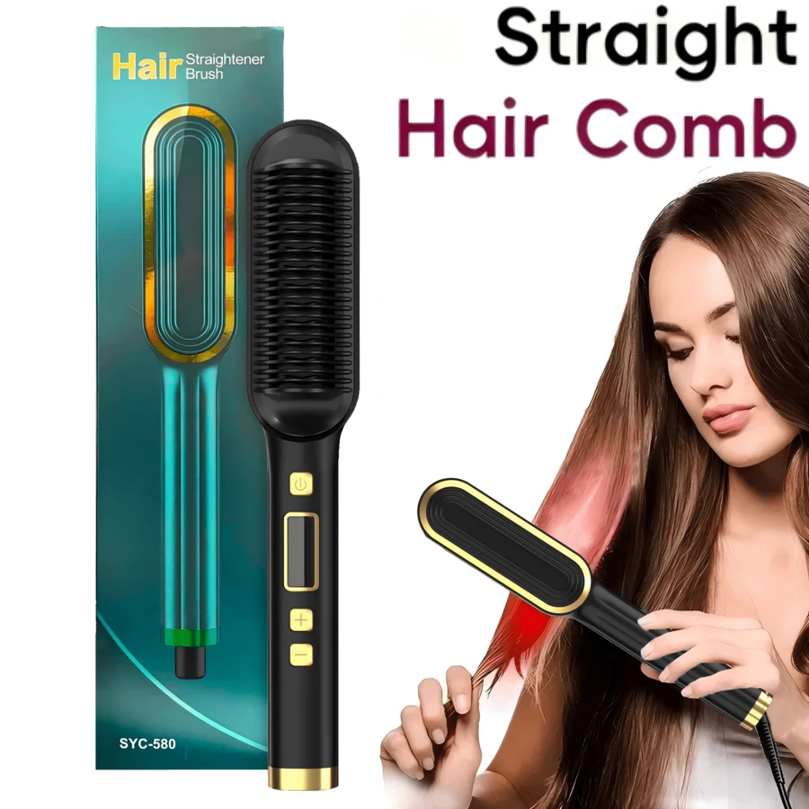 2-In-1 Straightening & Styling Brush With LCD Display, Fast Heating, Adjustable Temperature, Reduces Frizz, No Hair Damage, Anti-Scald Design, Multi-Function, Ideal Gift For Valentine's Day/Mother's Day/Birthday, Hair Straightener Brush