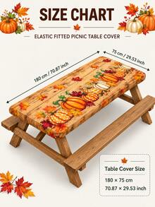 1/3pcs-Fall Stretch Fitted Picnic Table Cover And Bench Coverset, Rustic Wood Grain Pumpkin Maple Leaf Print SRectangular Tablecloth, Harvest Thanksgiving Decor For Patio Backyard Outdoor Autumn Dinner Party - Multicolor - View 11