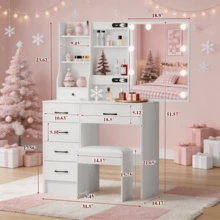 Dressing Table With LED Mirror & 6 Drawers Bederoom Makeup Desk For Girls - White - View 7