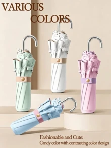 Lace Trim Folding Umbrella, Curved Handle Design, Dual-Use Sun And Rain Protection, Silver Coating Sun Umbrella, Colorful Inner Coating, UV Protection, Portable Pocket Umbrella - Multiple Styles - View 2