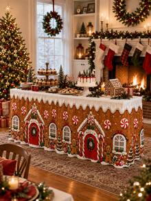 Christmas Gingerbread House Table Skirt, Gingerbread Man Candy Cane Peppermint Print Polyester Table Cover, Festive Holiday Party Decor For Dessert Table, Buffet, Dining Room, Kitchen And Xmas Home Decoration - E - View 3