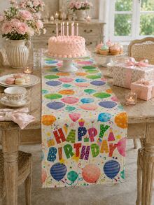 1pc-Birthday Linen Table Runner, Colorful Happy Birthday Table Decor With Balloons Cake Gifts And Confetti, Rustic Farmhouse Birthday Party Decorations For Dining Table Kitchen Home - Multicolor - View 6
