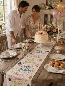 1pc-Happy Birthday Linen Table Runner, Colorful Script Birthday Table Decor With Balloons Cake Stars And Confetti, Farmhouse Party Table Runner For Birthday Celebration Dining Room Kitchen - Multicolor - View 5