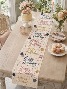 1pc-Happy Birthday Linen Table Runner, Colorful Script Birthday Table Decor With Balloons Cake Stars And Confetti, Farmhouse Party Table Runner For Birthday Celebration Dining Room Kitchen - Multicolor - View 4