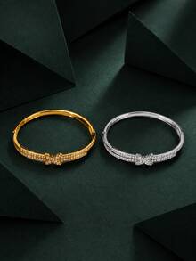 1pc Women's X-Shaped Cross Rhinestone Double Layer Open Bangle Bracelet, Luxury Geometric Line Design Wristband, Exquisite Sparkling Versatile Accessory For Daily Commute, Date And Party - S63245-w - View 5