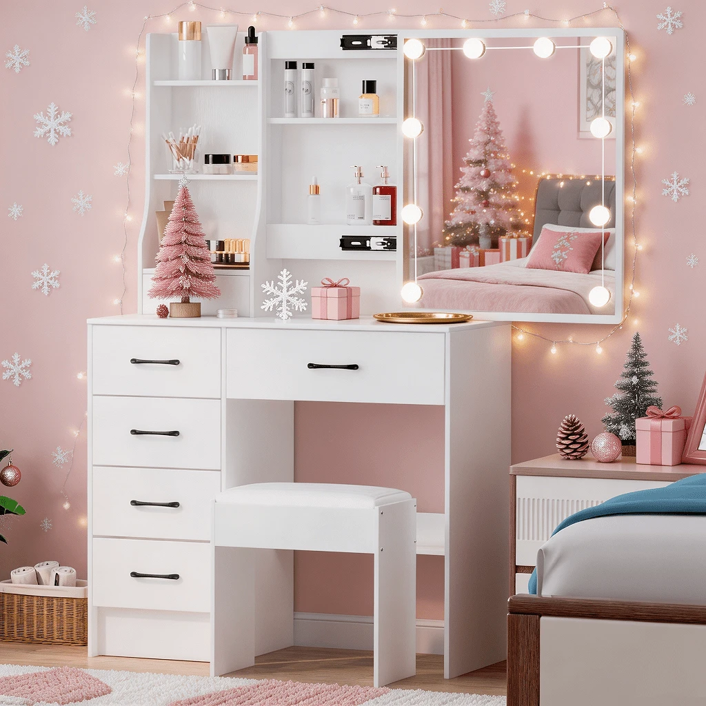 Dressing Table With LED Mirror & 6 Drawers Bederoom Makeup Desk For Girls - White - View 1