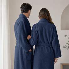 Albornoz de Algodón 90% para Pareja, Bata de Baño Absorbente con Cuello Chal, Bolsillos Grandes y Cinturón Ajustable, Colores Blanco/Crema/Gris Claro/Gris Oscuro/Azul Marino, Tallas S-XXL - Azul marino - Ver 6