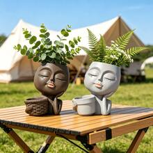Unique Resin Human Face Planter, Cute Closed-Eye Face Design With Handle, UV-Resistant Outdoor Decor, Suitable For Garden, Yard, Balcony, Patio, Rustic Style, Creative Resin Planter, Perfect For Plant Lovers And Home Decor Enthusiasts, Great Gift - A - View 2